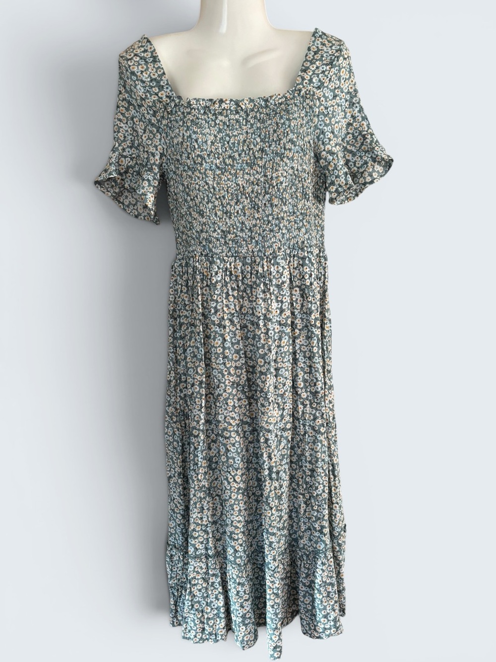 Teal Green White Yellow Daisy Smocked Flutter Sleeve Ruffle Midi Dress Size M